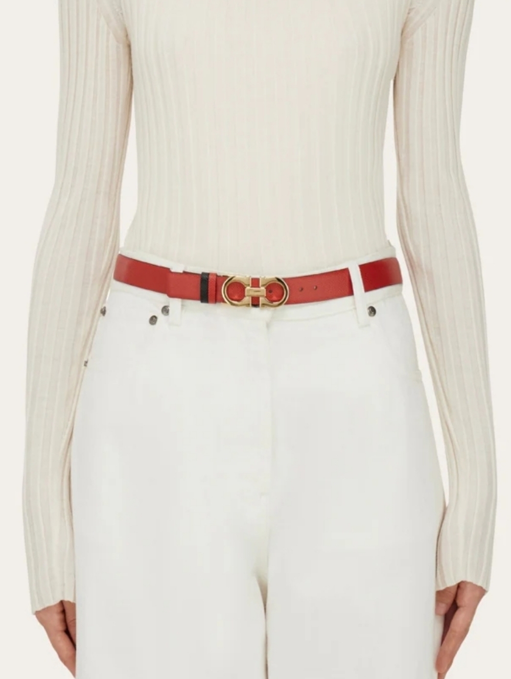 Salvatore Ferragamo Womens Red and Black Leather Belt with Gold Gancini Buckle